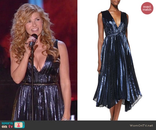 Alice + Olivia Alessandra Pleated Metallic Asymmetric Gown worn by Connie Britton on Nashville