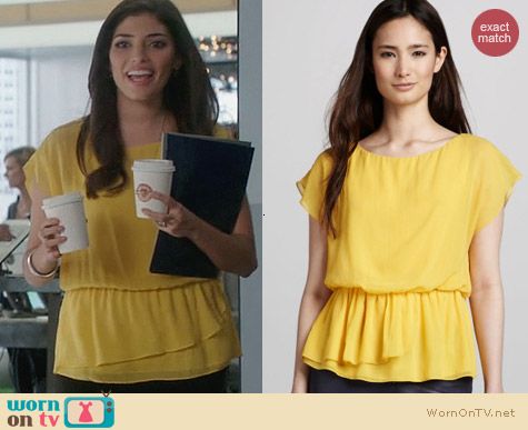 Alice + Olivia Becker Top in Honey Yellow worn by Amanda Setton on The Crazy Ones