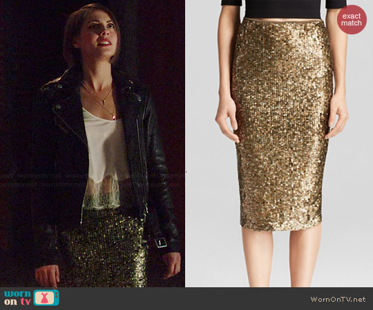 Alice + Olivia Bryce Sequin Pencil Skirt worn by Thea Queen on Arrow