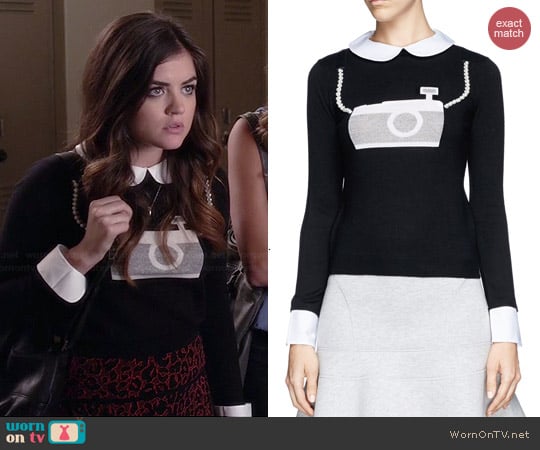 Alice + Olivia Camera Sweater worn by Lucy Hale on PLL