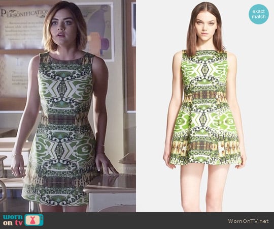 Alice + Olivia Carrie Dress in Mirrored Garden worn by Aria Montgomery (Lucy Hale) on Pretty Little Liars