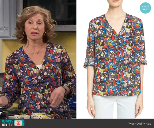 Alice & Olivia Colby Silk Floral Blouse worn by Vanessa Baxter (Nancy Travis) on Last Man Standing