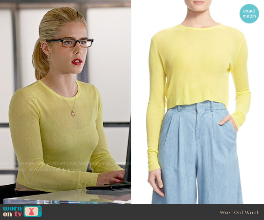 Alice and Olivia Eamon Sheer Rib Crop Top worn by Felicity Smoak (Emily Bett Rickards) on Arrow