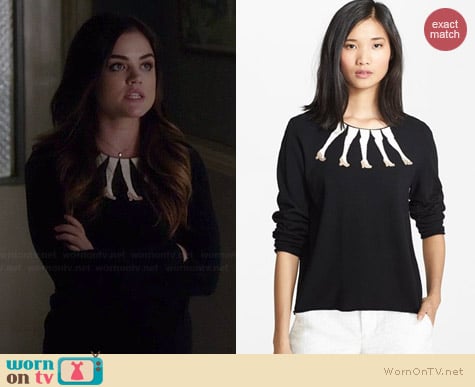 Alice + Olivia Embellished Intarsia Knit Sweater worn by Lucy Hale on PLL