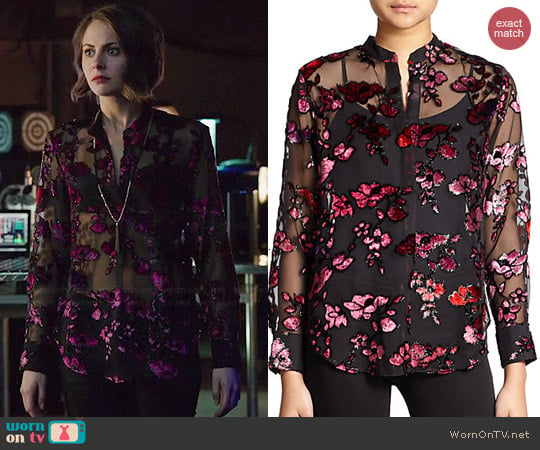 Alice + Olivia Floral Velvet Flocked Sheer Chiffon Shirt worn by Willa Holland on Arrow