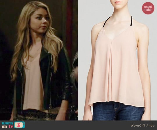 Alice + Olivia Guenda Silk & Leather Top in Pink Champagne worn by Sarah Hyland on Modern Family