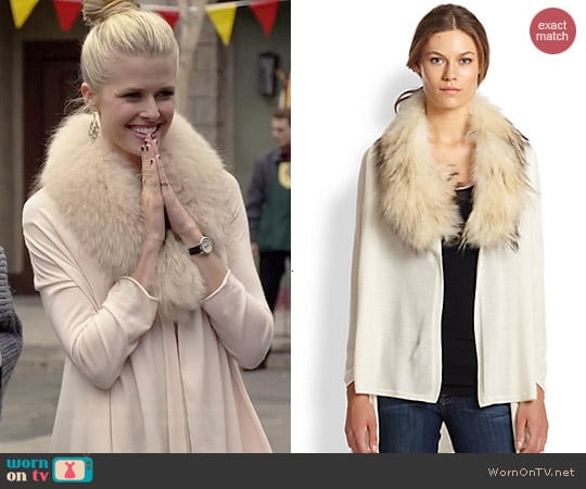 Alice + Olivia Izzy Fur Cascade Cardigan worn by Sarah Wright Olsen on Marry Me