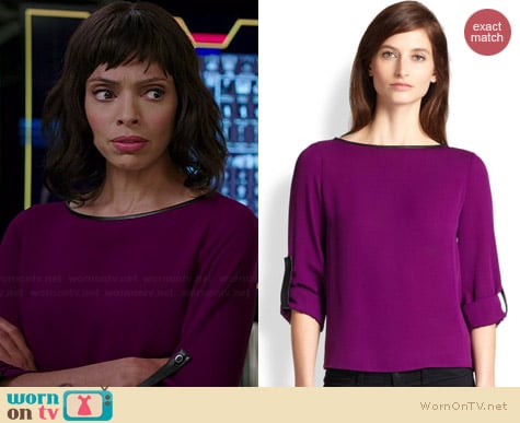 Alice + Olivia Leather Trimmed Roll Sleeve Blouse worn by Tamara Taylor on Bones