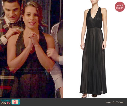 Alice + Olivia 'Morris' Pleated T-Back Jumpsuit worn by Rachel Berry (Lea Michele) on Glee