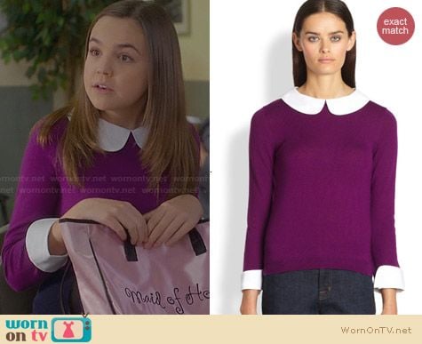 Alice + Olivia Purple Peter Pan Collar Sweater worn by Bailee Madison on Trophy Wife