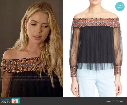 Alice & Olivia Sidney Off Shoulder Top worn by Hanna Marin (Ashley Benson) on Pretty Little Liars