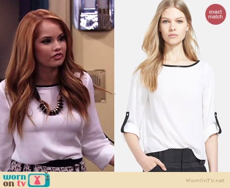 Alice + Olivia Leather Trim Stretch Silk Shirt worn by Debby Ryan on Jessie