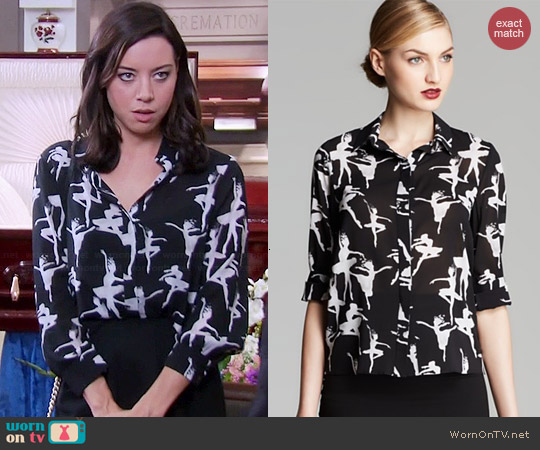 Alice + Olivia Willa Ballerina Print Blouse worn by Aubrey Plaza on Parks & Rec