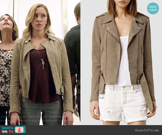 All Saints Suede Western Biker Jacket worn by Laurel Lance (Katie Cassidy) on Arrow