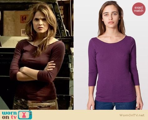 American Apparel Jersey 3/4 Sleeve Boat Neck Tee in Eggplant worn by Shelley Hennig on Teen Wolf