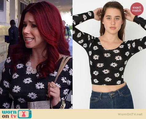 American Apparel White Black Daisy Long Sleeve Crop Top worn by Jillian Rose Reed on Awkward