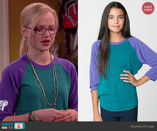 American Apparel Youth Tri-Blend Raglan Shirt in Evergreen/Orchid worn by Dove Cameron on Liv & Maddie