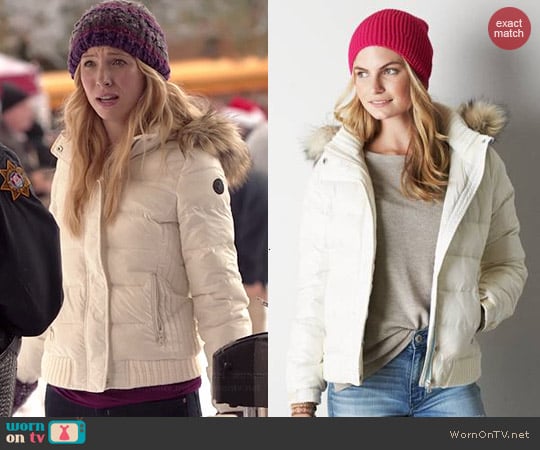 American Eagle Get Down Hooded Puffer Jacket in Chalk worn by Candice Accola on The Vampire Diaries