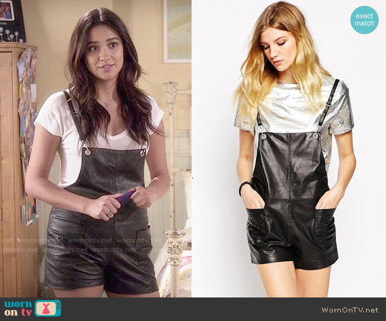 American Retro 'Gabin' Leather Short Overalls worn by Emily Fields (Shay Mitchell) on Pretty Little Liars