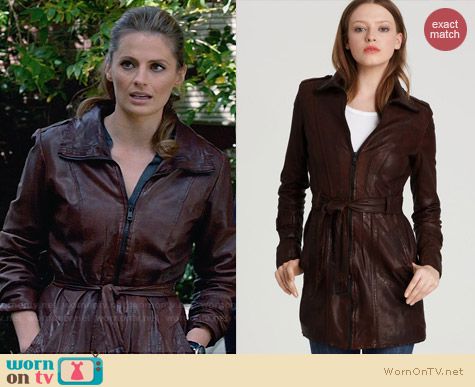 Andrew Marc Waxed Lamb Leather Belted Trench worn by Stana Katic on Castle