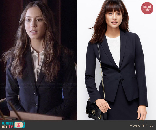 Ann Taylor All Season Two Button Blazer in Dark Sky worn by Spencer Hastings (Troian Bellisario) on Pretty Little Liars