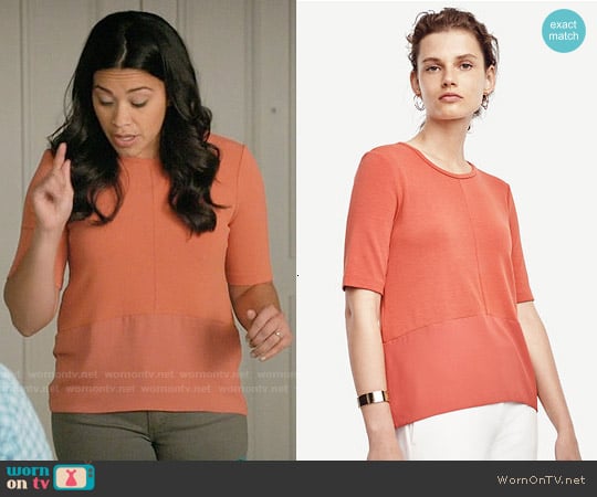 Ann Taylor Mixed Media Peplum Top worn by Jane Villanueva (Gina Rodriguez) on Jane the Virgin