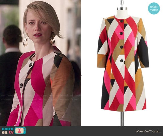 Anne Klein Geometric Print Long Jacket worn by Margaux Lemarchal (Karine Vanasse) on Revenge