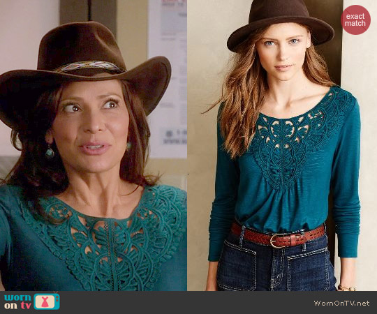 Anthropologie Bobbinlace Tee in Turquoise worn by Regina Vasquez (Constance Marie) on Switched at Birth