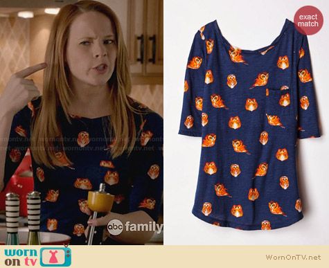 Anthropologie Creature Feature Owl Print Tee worn by Katie Leclerc on Switched at Birth