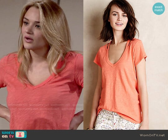 Anthropologie Cut-Out Slub Tee Coral worn by Summer Newman (Hunter King) on The Young and the Restless