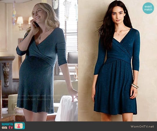 Anthropologie Fara Surplice Dress in Teal worn by Caroline Forbes (Candice Accola) on The Vampire Diaries