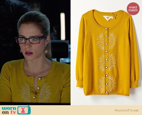 Anthropologie French Knot Cardigan worn by Emily Bett Rickards on Arrow