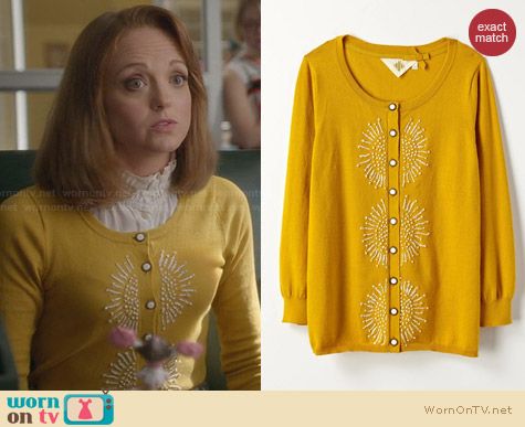 Anthropologie French Knot Cardigan in Gold worn by Jayma Mays on Glee