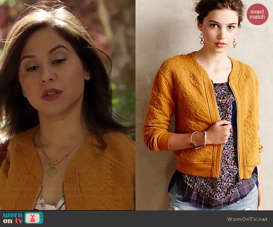 Anthropologie Jacquard Bomber Jacket worn by Chloe Wepper on Manhattan Love Story