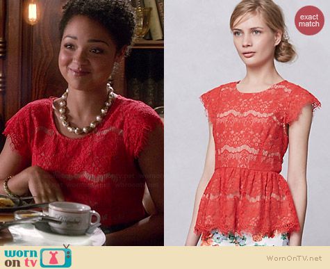 Anthropologie Katrine Lace Peplum Top worn by Aisha Dee on Chasing Life