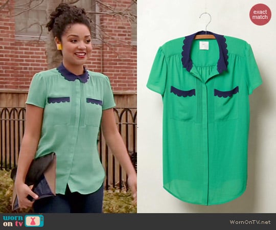 Anthropologie Laser Cut Lace Blouse worn by Aisha Dee on Chasing Life