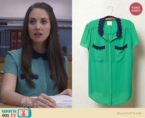 Anthropologie Lasercut Lace Blouse in Green worn by Alison Brie on Community