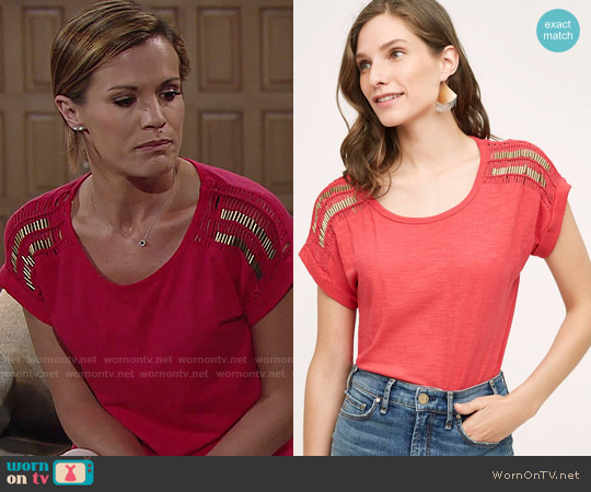 Anthropologie Macrame Sleeve Tee in Red worn by Chelsea Lawson (Melissa Claire Egan) on The Young and the Restless