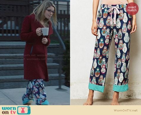 Anthropologie Nesting Doll Flannel Loungers worn by Emily Bett Rickards on Arrow