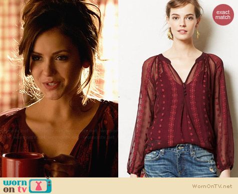 Anthropologie Neve Peasant Blouse in Wine worn by Nina Dobrev on The Vampire Diaries