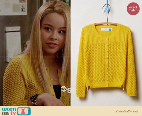 Anthropologie Pointelle Cable Cardigan in Gold worn by Cierra Ramirez on The Fosters