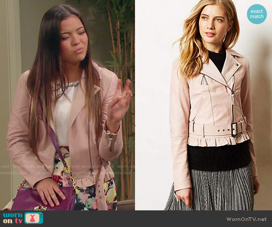 Anthropologie Ruffled Leather Moto Jacket worn by Jasmine Kang (Piper Curda) on I Didnt Do It