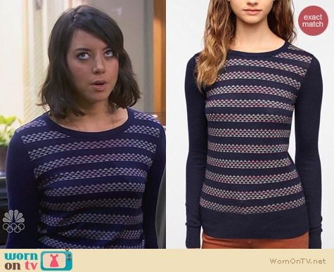 April Ludgate Fashion: Coincidence & Chance Geo Striped Navy Sweater worn on Parks & Rec