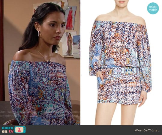 Aqua Moroccan Print Off-The-Shoulder Romper worn by Sasha Avant (Felisha Cooper) on The Bold and the Beautiful