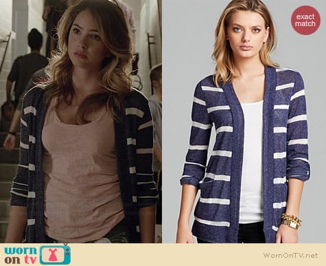 Aqua Open Front Loose Knit Striped Cardigan with Pockets worn by Shelley Hennig on Teen Wolf