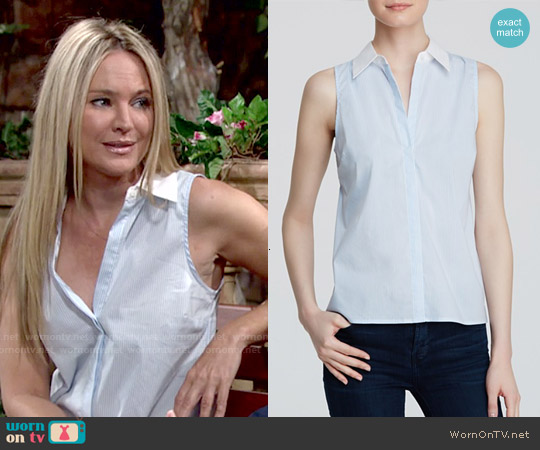 Aqua Striped Sleeveless Button Down Shirt worn by Sharon Newman (Sharon Case) on The Young and the Restless