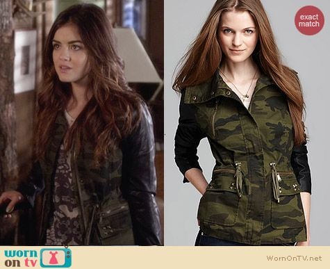 Aqua Army Jacket with Faux Leather Sleeves worn by Lucy Hale on PLL