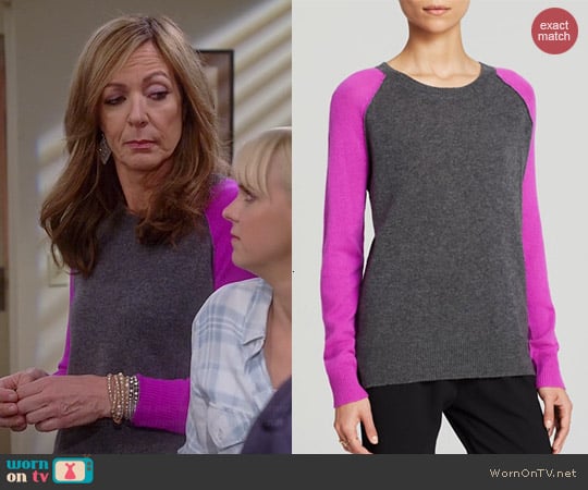 Aqua Baseball Cashmere Sweater in Heather Grey / Orchid worn by Allison Janney on Mom