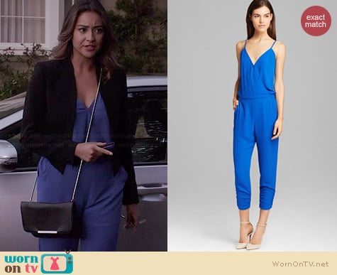 Aqua Cami Ruched Ankle Jumpsuit worn by Shay Mitchell on PLL