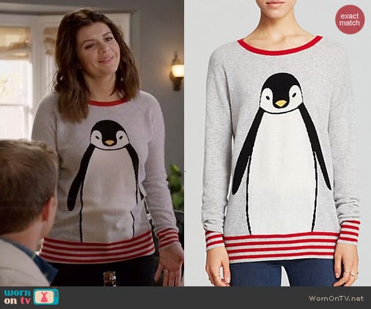 Aqua Cashmere Penguin Sweater worn by Casey Wilson on Marry Me